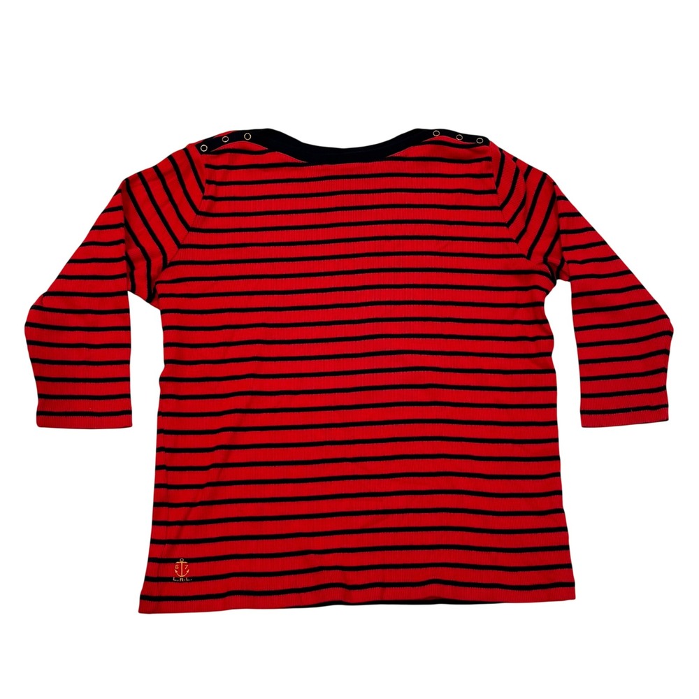 Lauren Ralph Lauren Red Navy‎ Striped Ribbed Button Shoulder Top Plus Size 1X